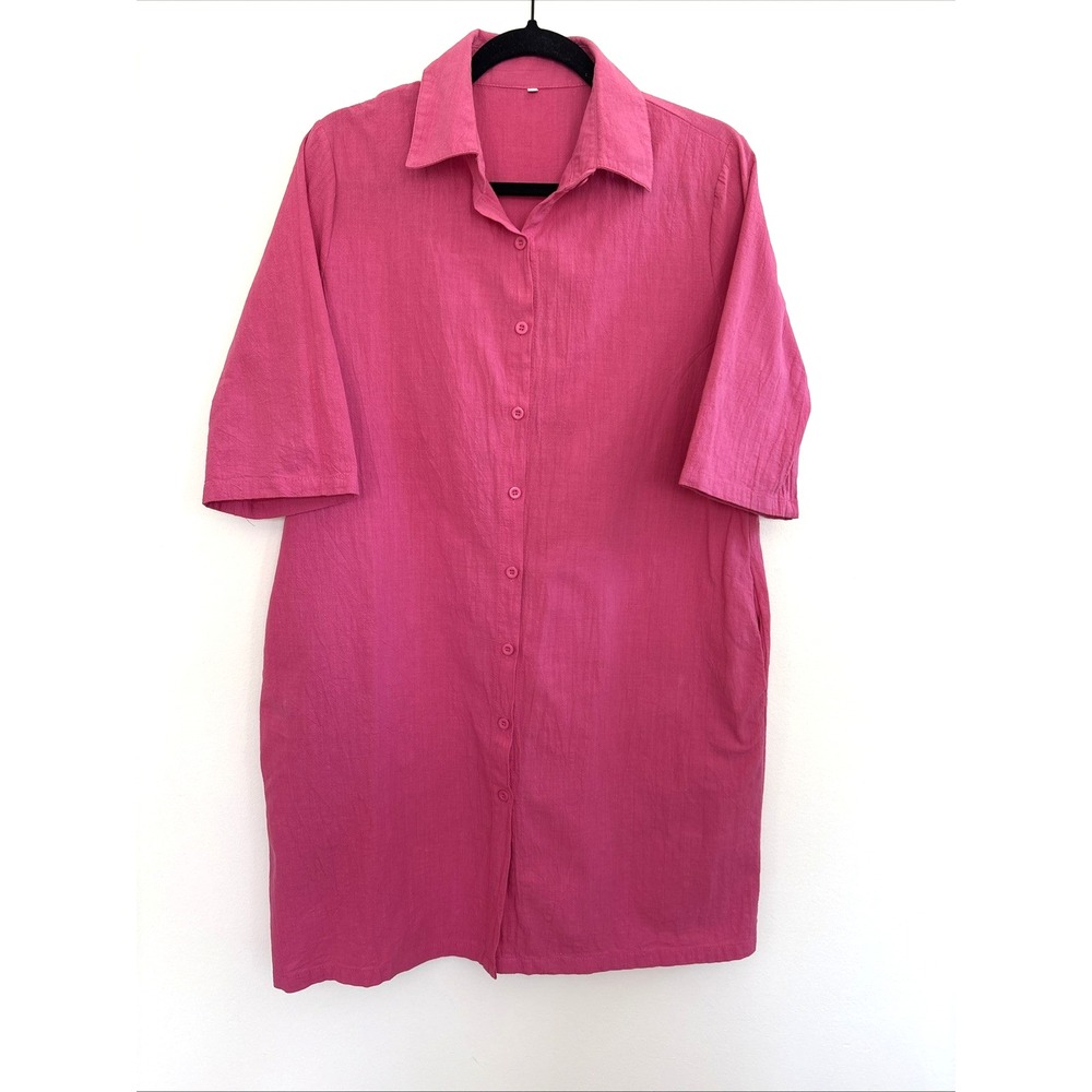 Linen Cotton Blend Button Down Shirt Dress Pink Short Sleeve Pockets Large